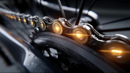 Close-up of bicycle chain with glowing highlights on links