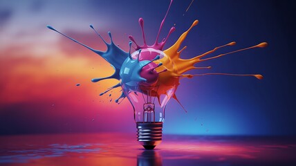 Explosion of vibrant colors bursting from a light bulb symbolizing creativity and ideas