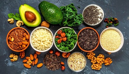 Fresh superfood spread of avocado, kale, quinoa, and nuts arranged in symmetry with natural soft daylight.