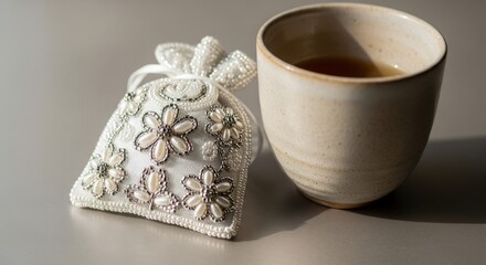White Beaded Sachet Beside Beige Ceramic Cup on Neutral Background