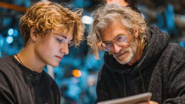 Young man and older man engaged in focused discussion over a digital tablet in a modern cafe, highlighting intergenerational collaboration and technology use