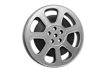 Obraz premium Vintage metal film reel reflecting cinematic heritage against translucent backdrop