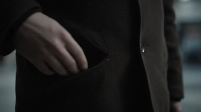 Mans Hand Reaching for Phone in Coat Pocket.