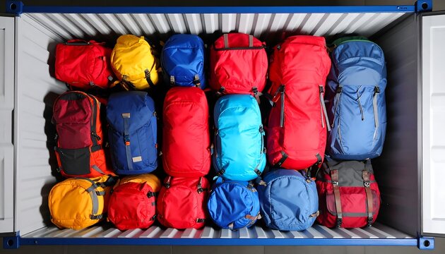 Colorful backpacks neatly stacked within a shipping container, showcasing efficient space utilization.