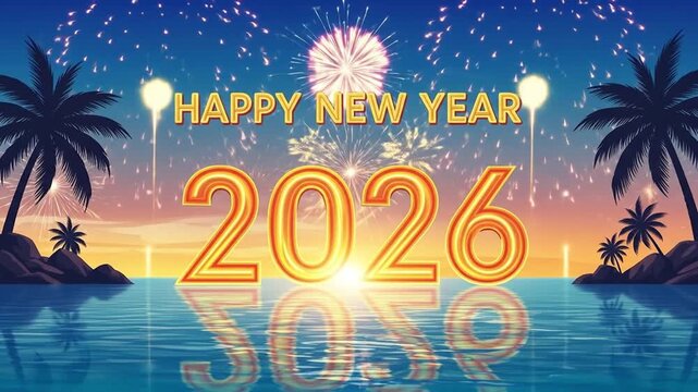 Happy new year 2026 tropical celebration fireworks
