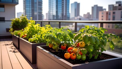 Cultivo de tomates en huerto urbano sobre terraza moderna