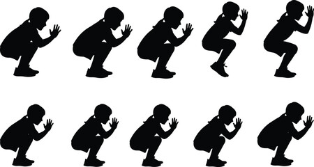 Silhouette of a young girl performing squats in a sequence on a white background child