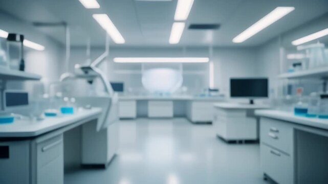 Blurred background of futuristic medical research laboratory. Modern science technology interior, sterile, clean facility for innovative scientific discovery and development