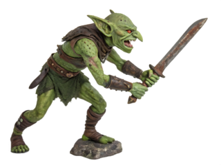 Menacing Green Goblin Warrior with Rusty Sword Ready for Battle in Dark Fantasy Setting for Gaming and Animation Projects