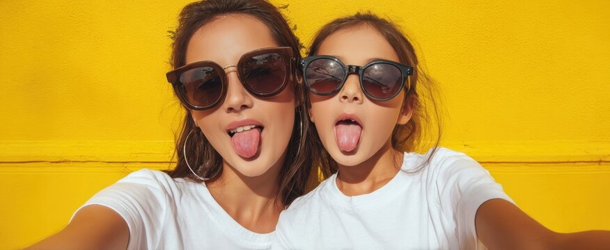 The playful moments shared between a mother and daughter in stylish sunglasses. - Powered by Adobe