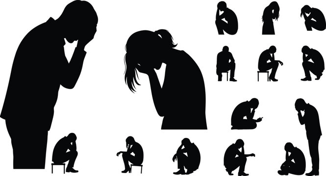 Silhouettes of people expressing sadness and despair with heads in hands head in hands