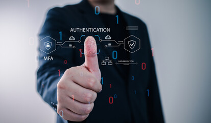 Cybersecurity and authentication concept for digital identity protection, showing a businessman using biometric fingerprint scan for secure login with multi-factor authentication system.