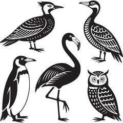 Naklejka premium Art of collection of stylized black and white bird silhouettes including a penguin, owl, flamingo, woodpecker, and cormorant
