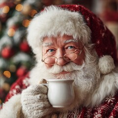 Santa Claus is drinking tea from a white cup