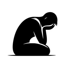 Black and white vector silhouette of a young man in tension on a white background  