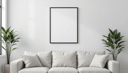 A1 framed poster mockup above a modern couch