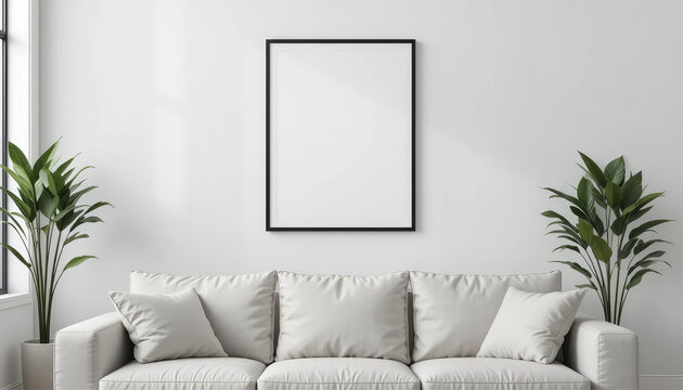 A1 framed poster mockup above a modern couch