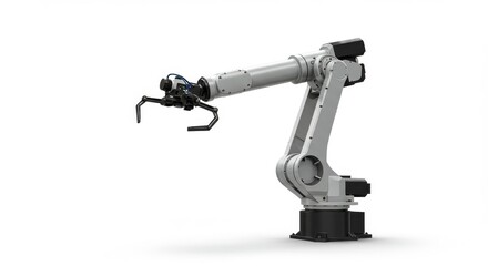 Sleek Articulated Industrial Robot Arm with Gripper Isolated on a Clean White Background.