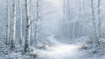 Snowy Winter Forest Path With Birch Trees