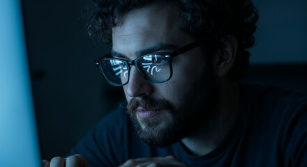 Focused Bearded Young Man Working on Computer in Screen Glow &ndash; Cinematic Close-Up Portrait