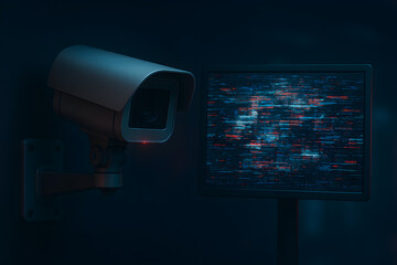 Hacked security camera with glitchy cyberpunk footage