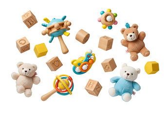 Falling baby toys - rattles, blocks, and plushies, isolated on white or transparent background. PNG