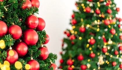 Fototapeta premium Two decorated Christmas trees with numerous glossy red ornaments and warm yellow lights create a festive and joyful atmosphere.