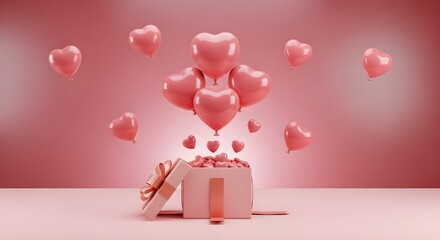 Valentine's day heart shaped balloons floating from gift box on pink background