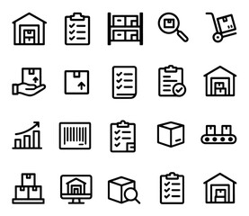 Warehouse Inventory Vector Icons Set – Logistics, Storage, Supply Chain, Distribution, Delivery