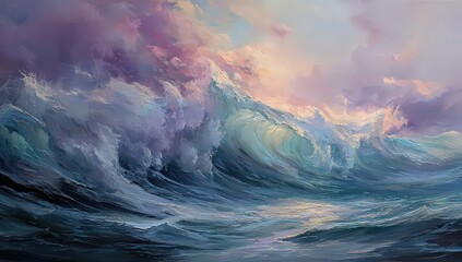 Fototapeta premium Purple And Blue Crashing Waves Oil Painting
