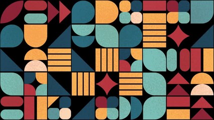 Geometric pattern loop. Circles, squares animation. Modernist abstract seamless background. Bauhaus Design style. Geometric grainy patterns loop, animated circles and squares, vintage retro colors - Powered by Adobe