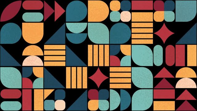 Geometric pattern loop. Circles, squares animation. Modernist abstract seamless background. Bauhaus Design style. Geometric grainy patterns loop, animated circles and squares, vintage retro colors