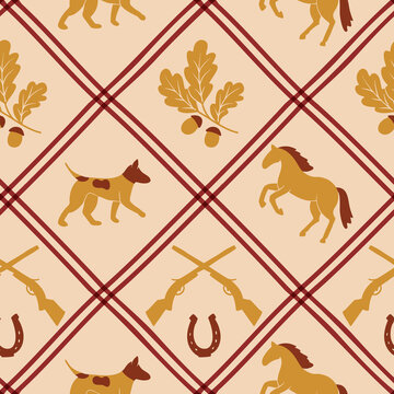 Seamless hunt club pattern with dogs, horses, rifles, oak leaves and horseshoes on a plaid background. The image conveys a classic countryside theme, tradition and equestrian or hunting lifestyle