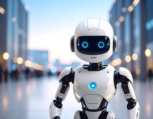 Adorable round AI robot assistant with small arms, shiny metallic surface, soft glow 