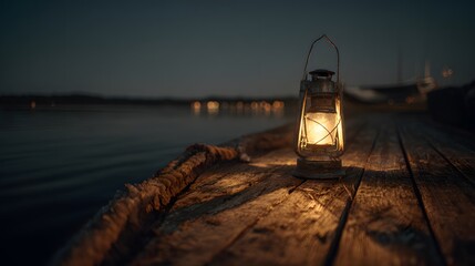 Night scene with lantern on dock by lake, vintage lantern light, dark water, wooden pier, evening calm