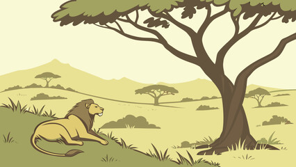Lion resting under a tree in the savanna landscape with mountains in the background illustration art