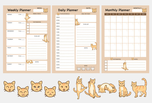 Set of printable daily, weekly, monthly and notes taking planner journal tracker organiser sheets in cute cats orange design.Hand drawn vector illustration.