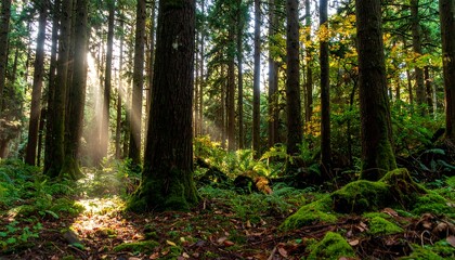 Obraz premium Sunlight streams through a dense forest, illuminating moss-covered trees and undergrowth.