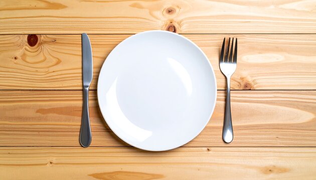 An empty white plate, knife, and fork set on a light wooden surface await a meal.