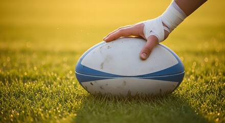 A rugby player's hand with a taped wrist carefully places the ball on a sunlit green grass field, preparing for the game.
