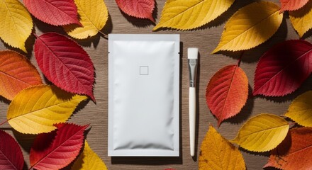 White Face Mask Sachet with Application Brush and Autumn Leaves Flatlay
