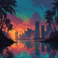 Obraz premium Tropical city sunset reflected in calm water