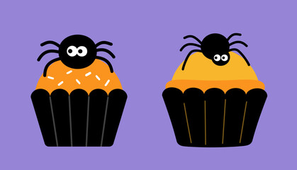 Set of Halloween sweet cupcake  flat stock vector illustration.
Halloween cupcake icons, and graphics.
A cupcake set decorated with spiders.