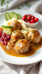 Naklejka premium Studio shot of Swedish meatballs with mashed potatoes, lingonberry, and cucumbers