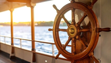 A detailed close-up view of a large wooden ship's steering wheel, set against a blurred backdrop of a tranquil body of water on a sunny day.