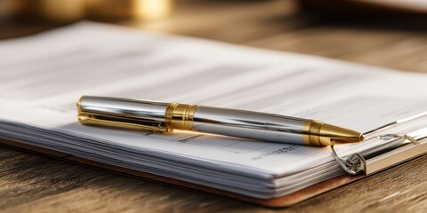 The elegant pen resting on a stack of important documents.