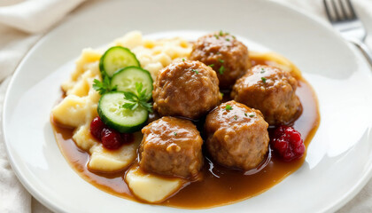 Studio shot of Swedish meatballs with mashed potatoes, lingonberry, and cucumbers