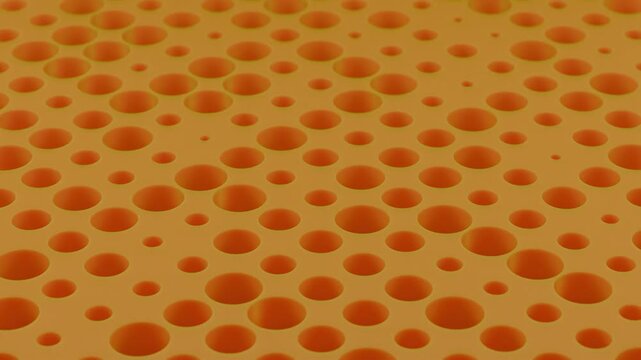 Looping 3D animation of a yellow cheese-like abstract surface with round holes that change diameter. Seamless digital background with subsurface scattering effect