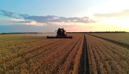 A combine harvester works a golden wheat field at sunset, creating a serene and peaceful rural scene.