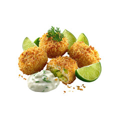 Crispy Breaded Avocado Bites with Creamy Dill Dip and Lime Wedges